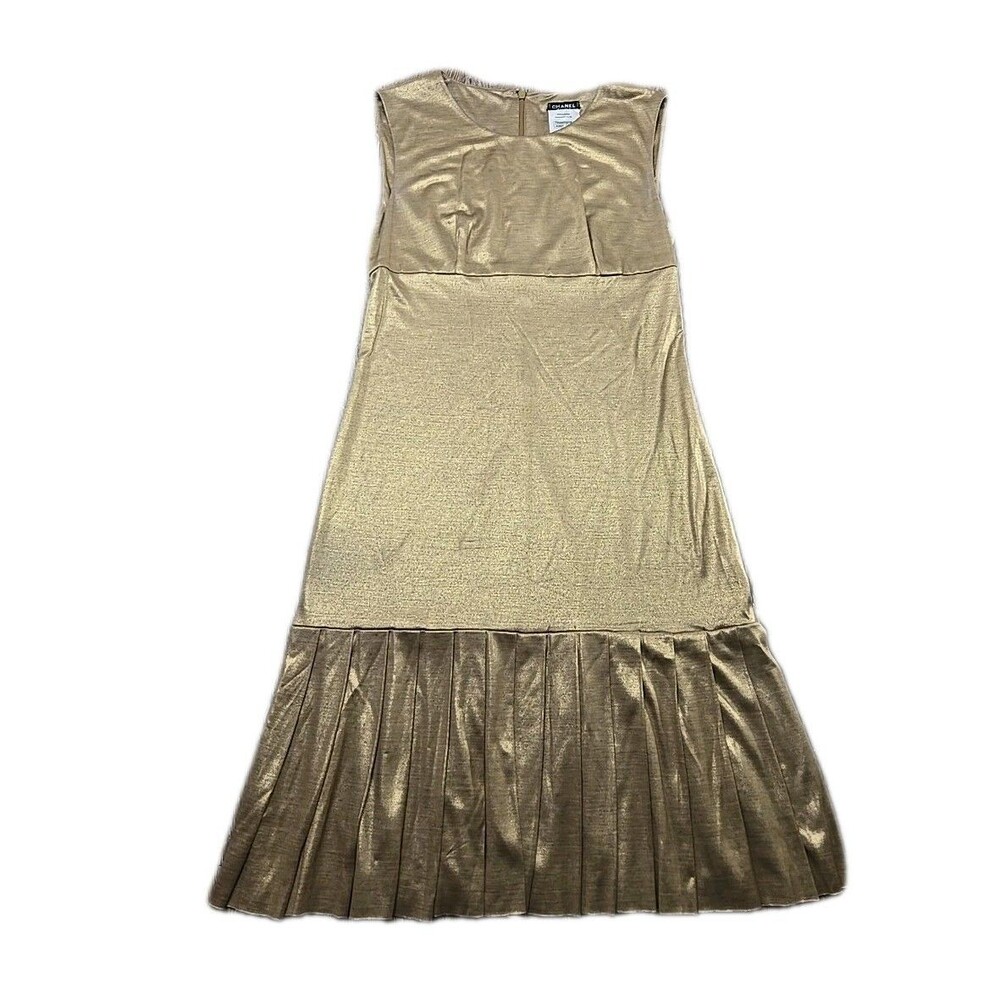 CHANEL Vintage Gold Silk Dress Pleated Ruffle Hem Sheath Women's 38 US 6